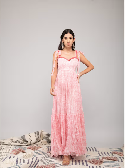 Baby Pink Printed Tiered Maxi Adorned with Lace Maxi Dress