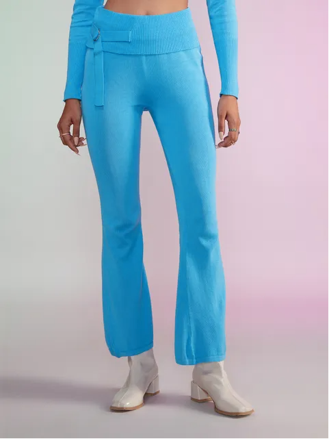 Blue Solid High Waist Ribbed Pants